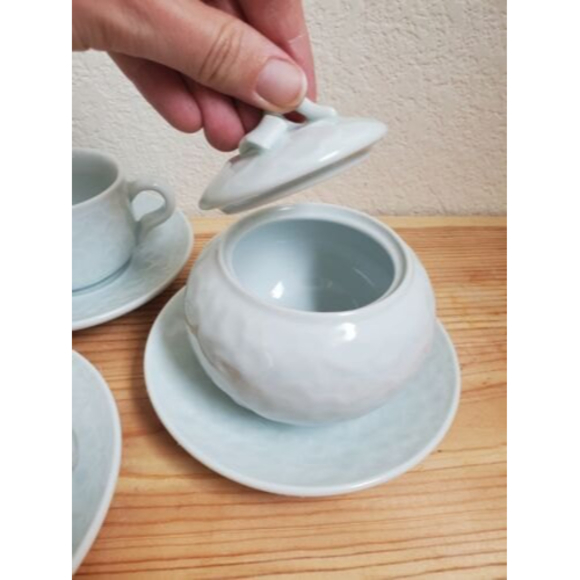 10 Piece Tea Cups Saucers Creamer‎ Set Chinese Pale Green Textured Floral - Picture 6 of 10